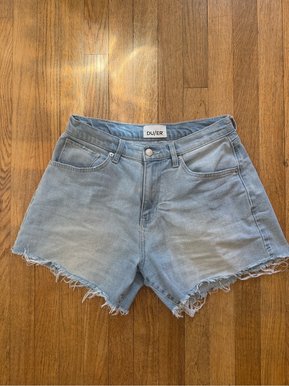 DUER Midweight-Performance A-Line Denim Shorts - High Rise, Size 28